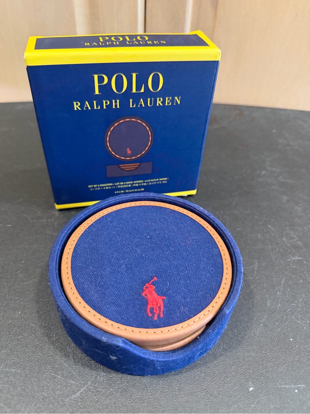 Polo Ralph Lauren Navy Blue Coaster Set with Red Logo and Tan Leather Trim